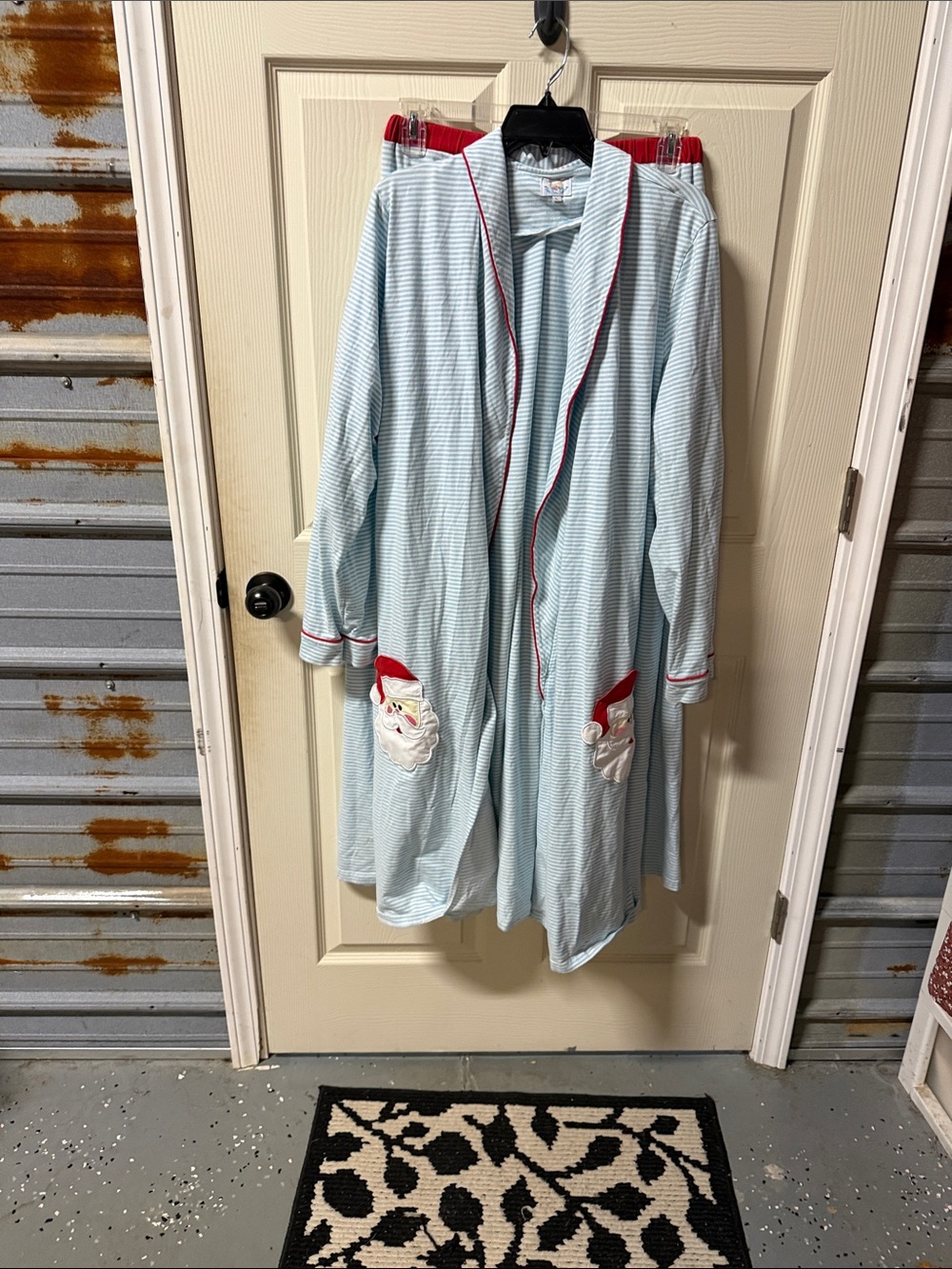 Light Blue Striped Women's Robe Jacket with Santa Pocket Accents